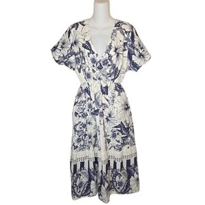 Blue & White Hibiscus Floral Linen Blend V-Neck Midi Dress Nwot Size XL